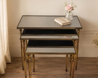 Brass Smoked Glass Nesting Tables, Hollywood Regency Side Tables, Set of 3