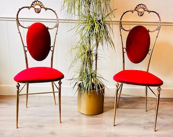 Brass Hollywood Regency Velvet Accent Chairs, Mid-Century Statement Seating Pair
