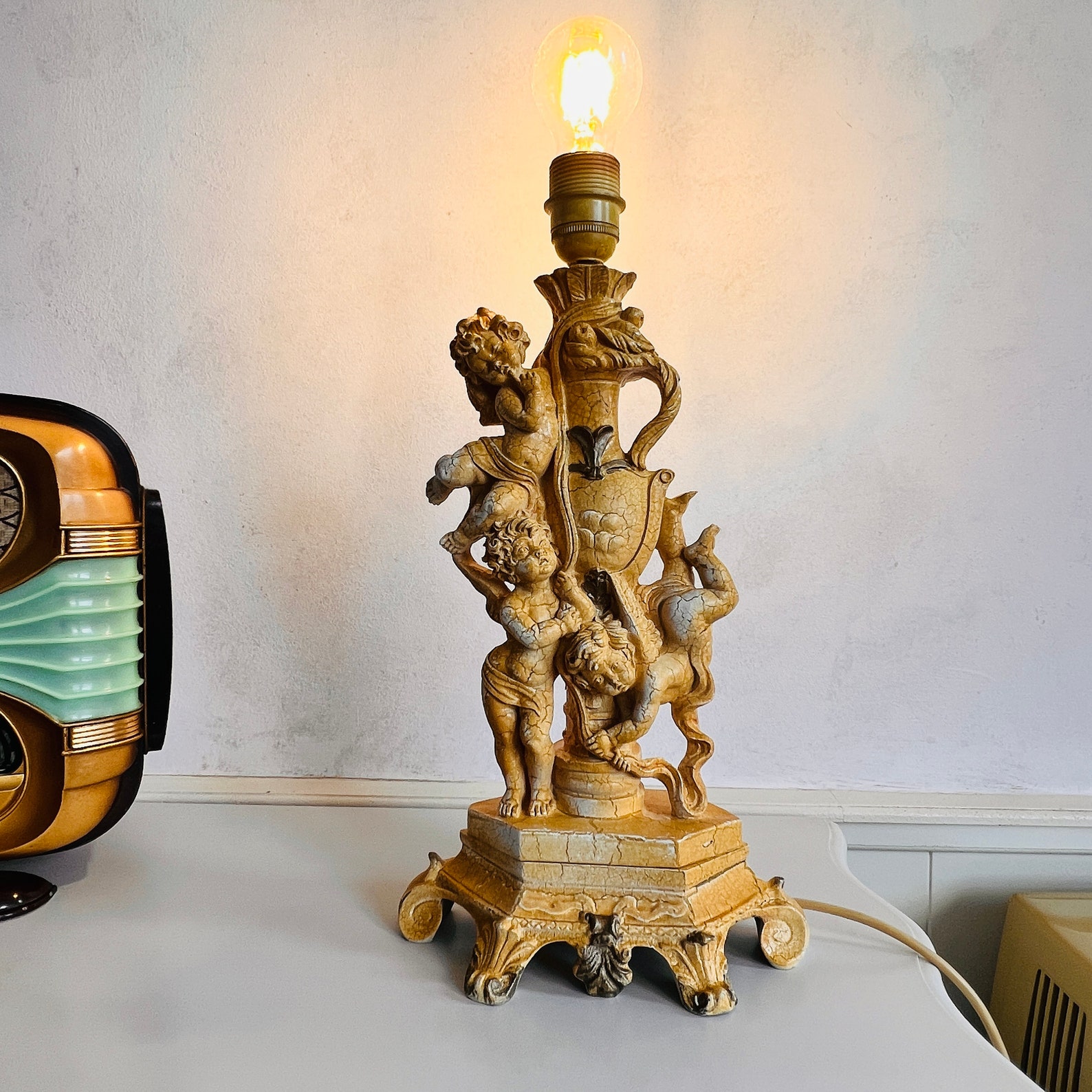 Vintage Cherubs Lamp Vintage Table Lamp Big Lampshade Etsy