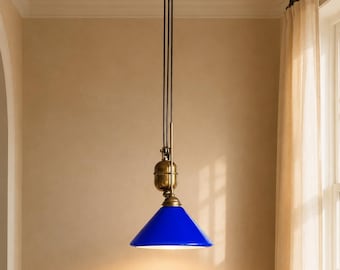 Blue Opaline glass pull down pendant light with counterweight, 60s Art Deco style adjustable vintage hanging ceiling lamp