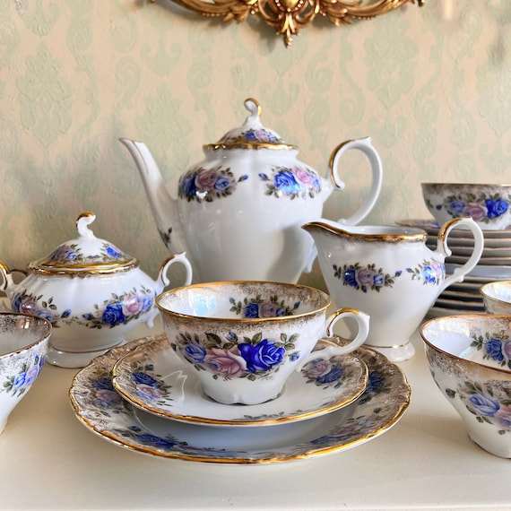 Porcelain Coffee Set by Winterling Bavaria, Blue Floral Tea