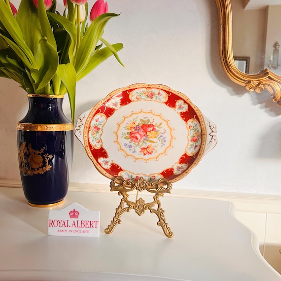 Royal Albert Lady Hamilton Bone China Sandwich Plate with Floral Design, Gilded Handles, English Vintage Kitchen Decor