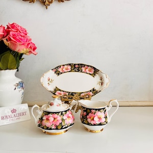 Bone China Milk and Sugar Set with Tray – Alberta Rose, 1975, English Floral Trio