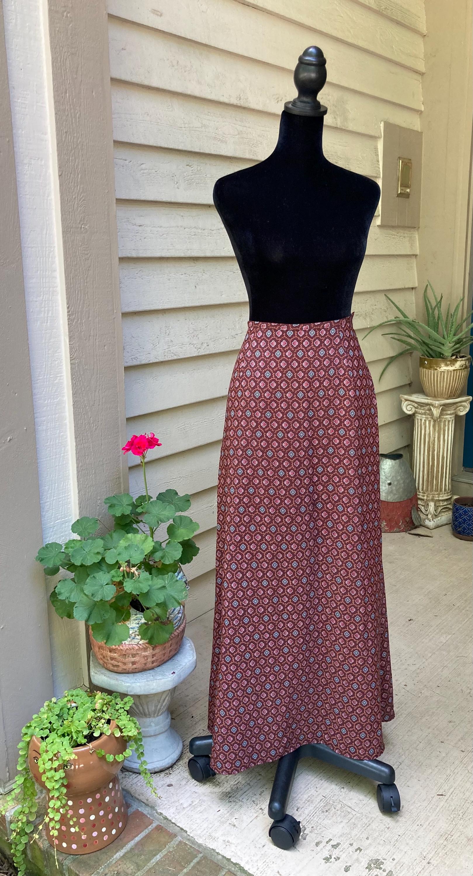 Vintage 90s A-line Long Maxi Skirt Rust Color Flowers