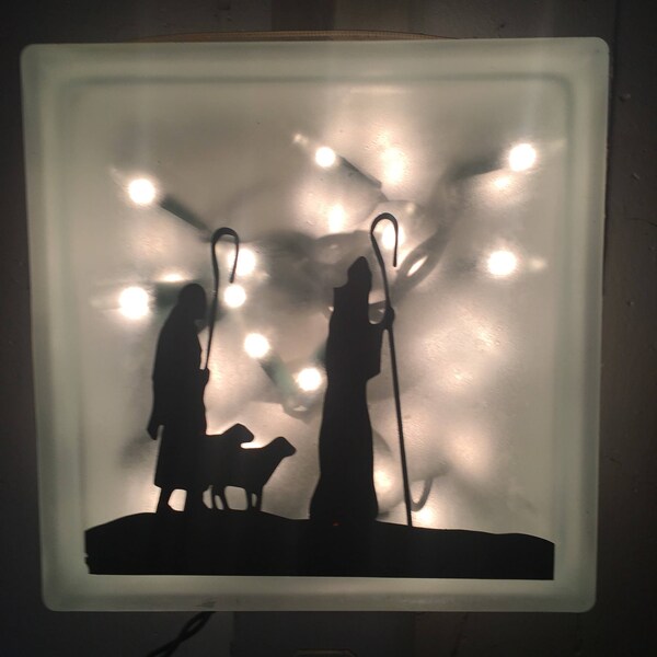 Shepherds with sheep-Christmas Nativity-Lighted Glass Block