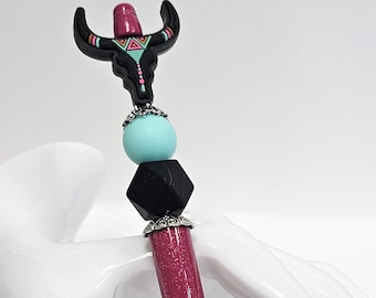Western Beaded Pen, Black Bison Skull, Novelty Jewelry Pen