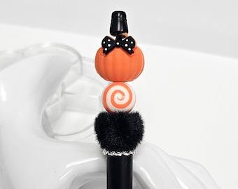 Halloween Beaded Pen, Pumpkin & Swirl Silicone Beads, Novelty Ink Pen