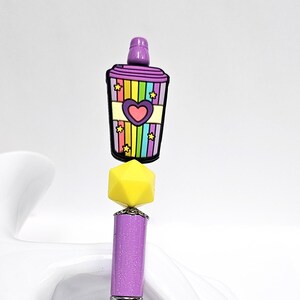 Beaded pen, coffee pen, beadable pen, novelty pen, silicone beaded pen, gift for her,  bubblegum pen, rainbow pen - Rainbow in a Cup