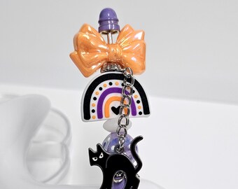 Halloween Beaded Pen, Black Cat Charm, Rainbow Bead, Boujee Pen