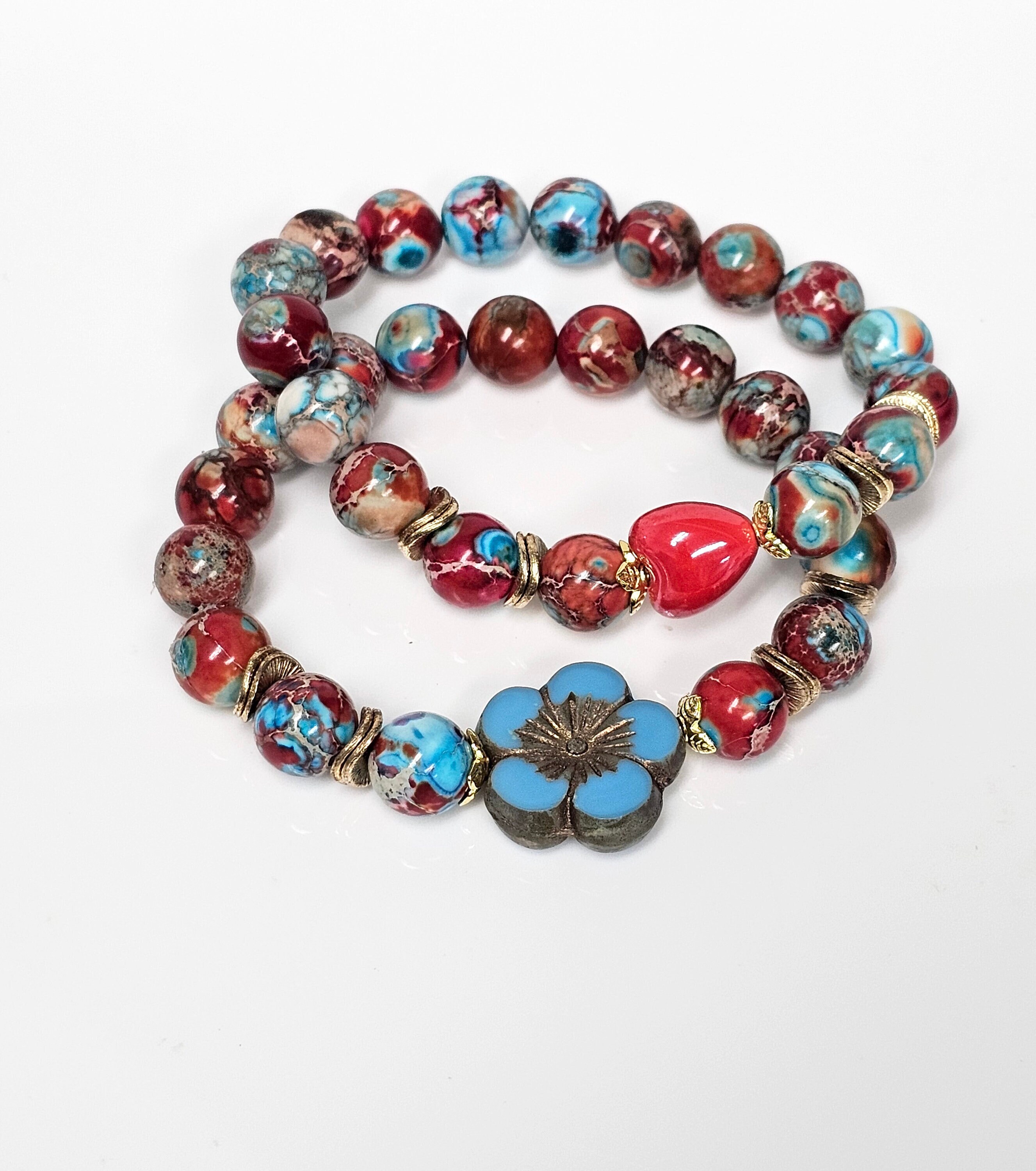 Beaded bracelets, stretch bracelets, bracelet stack with Czech Beads and charms - My Blue Heaven