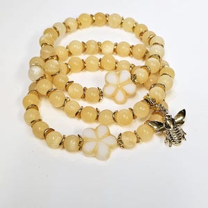 Beaded stretch bracelet stack with charms, yellow beaded bracelet, elastic bracelet, bee jewelry, bee bracelet - Honey Butter