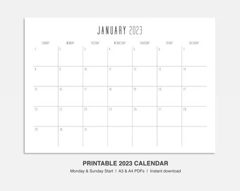2023 Printable Calendar Landscape, Minimalist Monthly Calendar 2023, A4/A3, Monday & Sunday Start