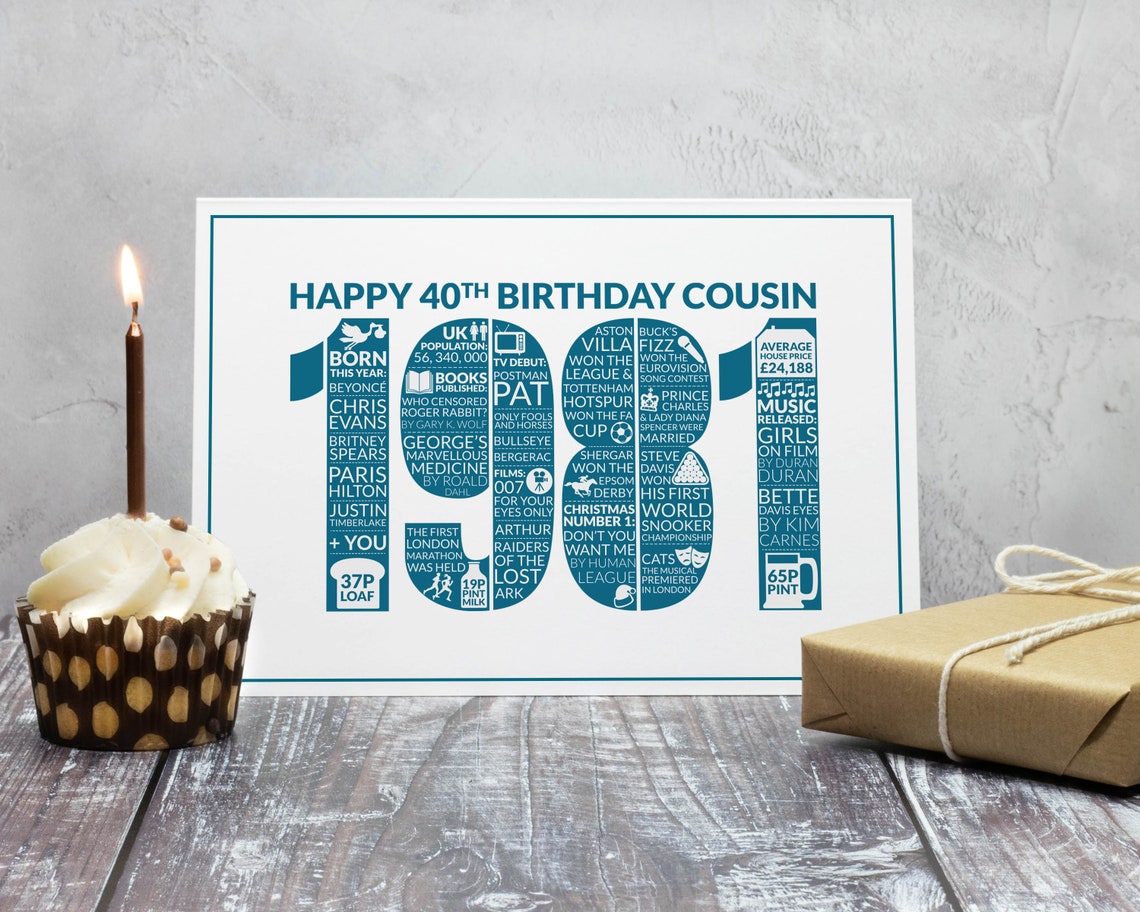 40 Birthday Card Cousin Happy 40th Birthday Cousin Birthday Etsy