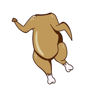 Puede incluir: Una ilustración de dibujos animados de un pollo asado con un cuerpo marrón y patas blancas.