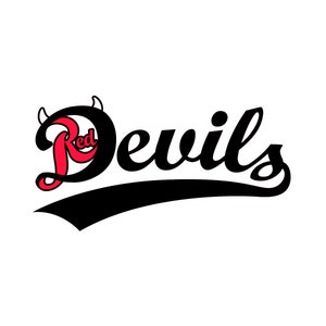 May include: The words "Red Devils" in a stylized script. The word "Red" is in red with devil horns, and the word "Devils" is in black. A black banner underlines the text on a white background.