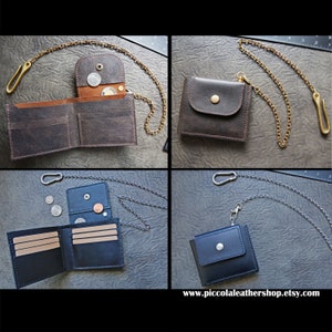 016 Billetera de motociclista, Billetera con broche, Billetera con cadena, Billetera de cuero, Billetera para hombre, Billetera plegable, Billetera de cuero marrón y negro, Gancho y cadena para cinturón de latón macizo