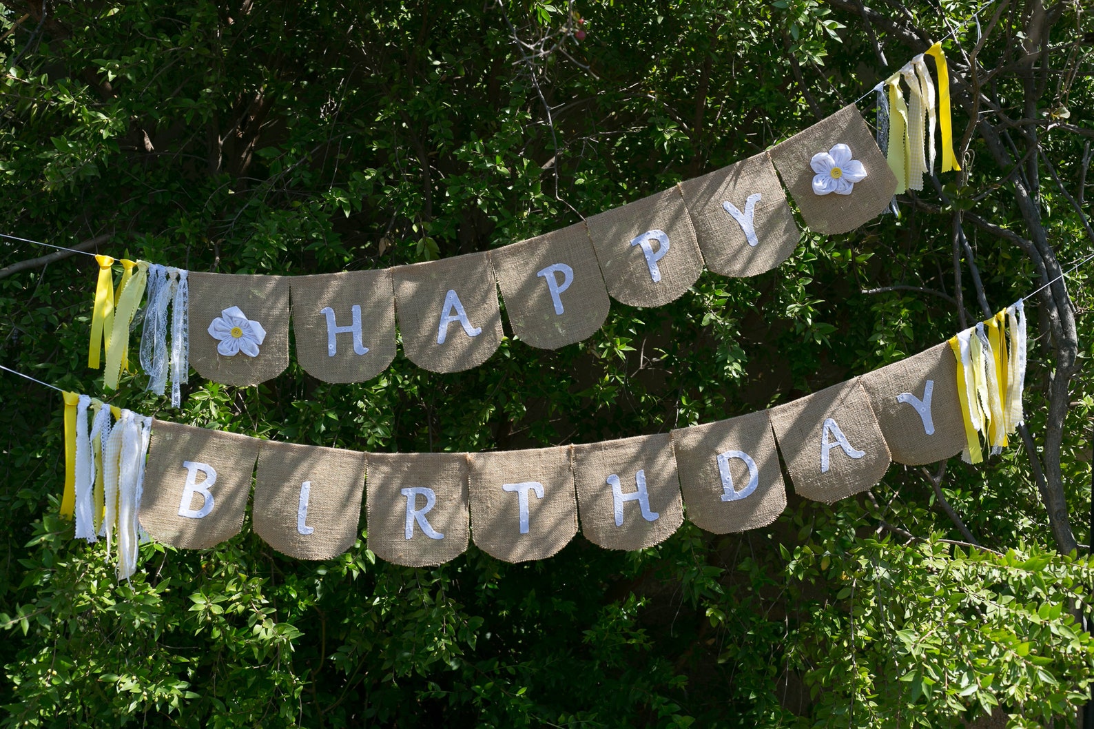 Happy Birthday Banner With White Flowers and Yellow Ribbons - Etsy