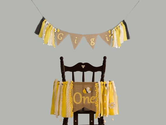 Set Of 2 Bee Banner With High Chair Banner For One Year Old Baby Girl And Personalized Banner Wall Hanging Name For Spring Birthday Girl