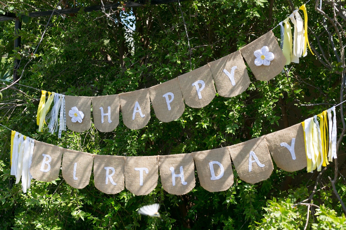 Happy Birthday Banner With White Flowers and Yellow Ribbons | Etsy
