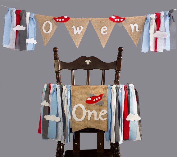Set Of 2 Airplane Birthday Decorations With High Chair Banner For One Year Old Baby Boy And Personalized Banner Wall Hanging Name