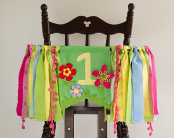 Highchair banner picnic girl for 1st birthday, First birthday pink, one girl, spring birthday, High chair banner for girl with flowers