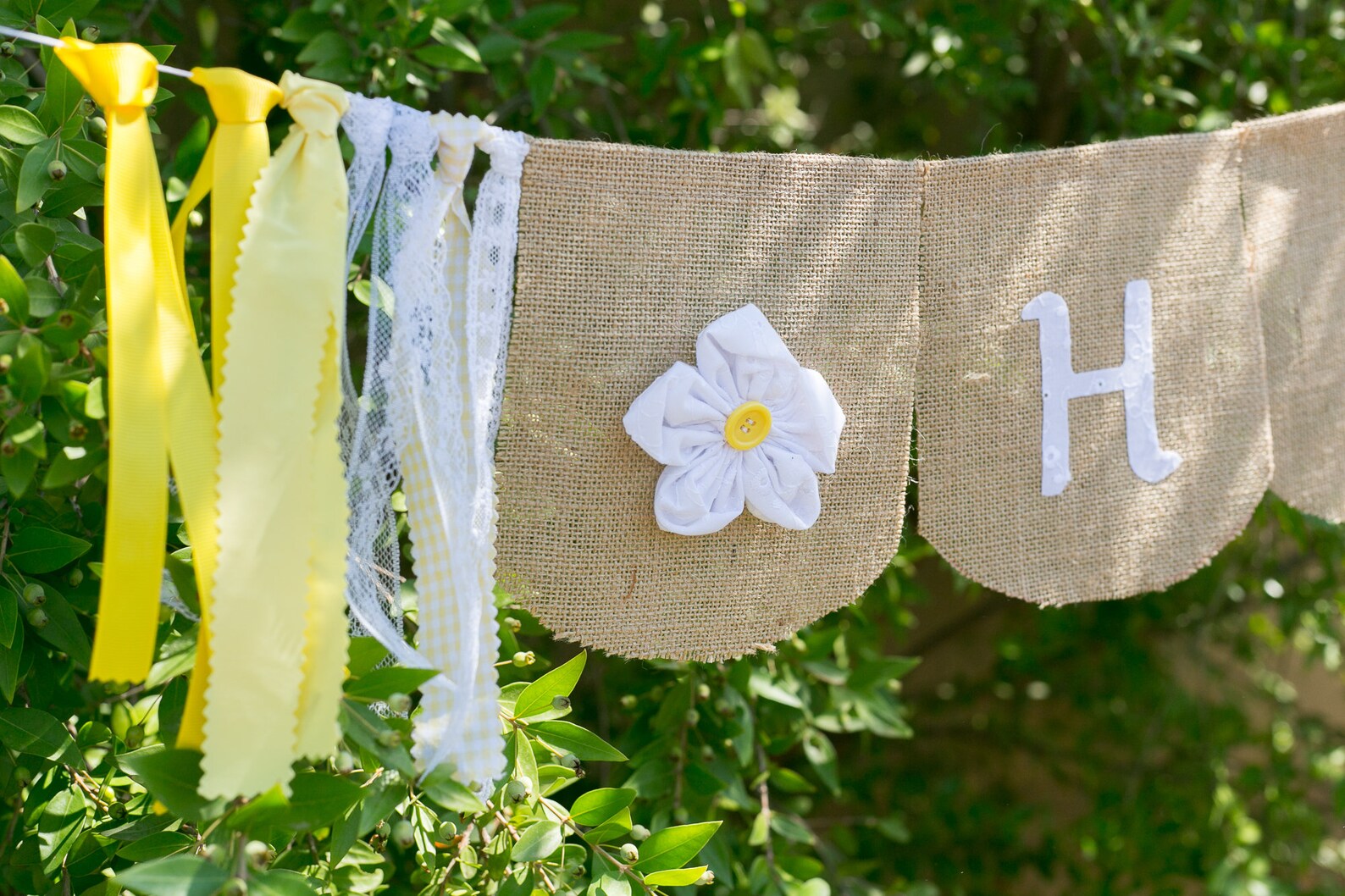 Happy Birthday Banner With White Flowers and Yellow Ribbons | Etsy