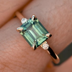 14K Gold Emerald Cut Teal Green Sapphire Ring Solitaire Ring Engagement Ring Moissanite Ring Diamond Wedding Ring Anniversary Gift For Her
