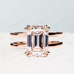 14K gouden dubbele band ring Moissaniet ring dubbele ring GROTE 8 x 10 MM Emerald Cut verlovingsring Solitaire ring trouwring diamanten ring