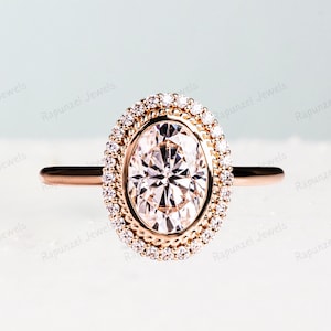 14K Gold Halo Cocktail Ring Oval Cut Moissanite Ring Bezel Set Engagement Ring Diamond Wedding Ring Anniversary Gift For Her Statement Ring