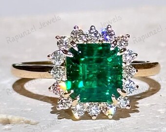 Anello in oro 14 carati, anello con smeraldo taglio Asscher, anello di fidanzamento, anello con moissanite, anello con diamanti Halo, anello nuziale, anello per anniversario, regalo di proposta per lei
