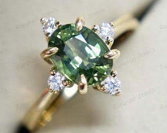 14K Gold Ring Oval Green Sapphire Ring Vintage Engagement Ring Solitaire Moissanite Ring Diamond Ring Wedding Ring Anniversary Gift For Her