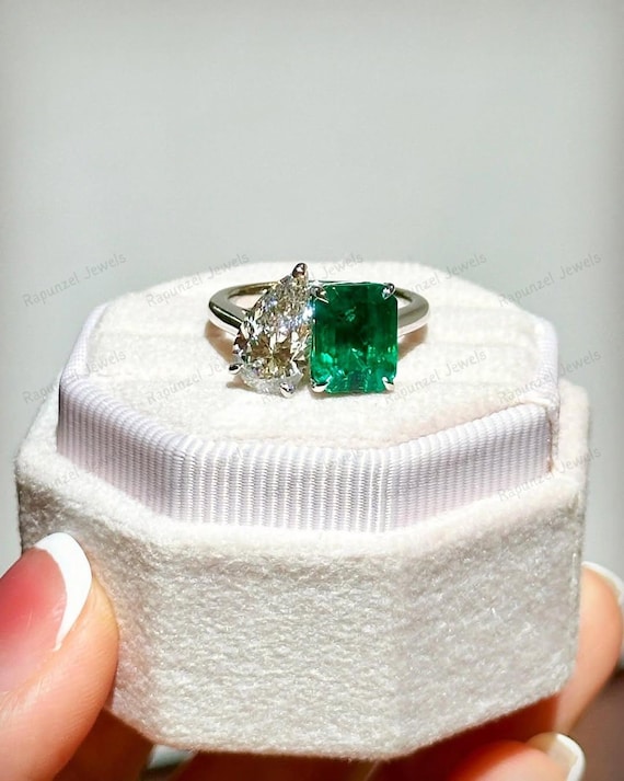 14K Gold Two Stone Ring Pear Moissanite & Emerald Cut  display picture 1