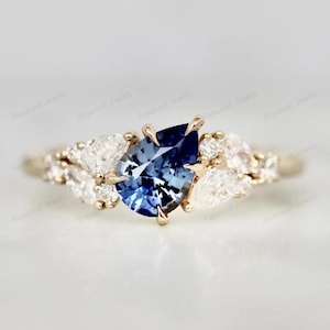 14K Gold Ring Pear Cut Blue Sapphire Ring Cluster Engagement Ring Moissanite Ring Diamond Ring Wedding Ring Anniversary Ring Gift For Her