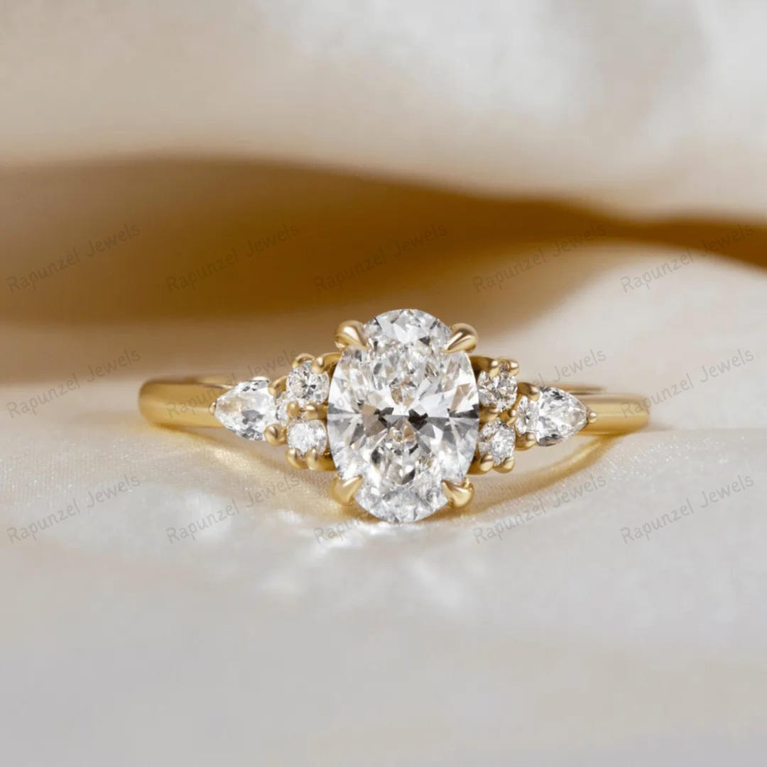 14K Gold Engagement Ring Oval Moissanite Ring Vintage Solitaire Ring ...