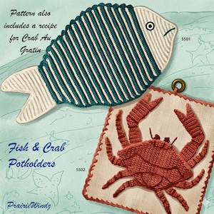 Gratinado de cangrejo, pescado y langosta, agarraderas y receta, patrón vintage de crochet en PDF