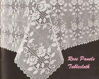 Toalha de mesa com painéis de rosas - Padrão de crochê vintage em PDF - 1963