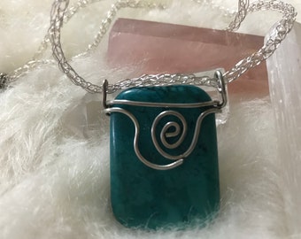 Blue Stone wire wrapped pendant and viking knit weaved necklace