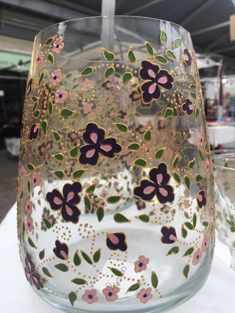 Vase en verre peint à la main avec motif floral violet et rose Etsy France