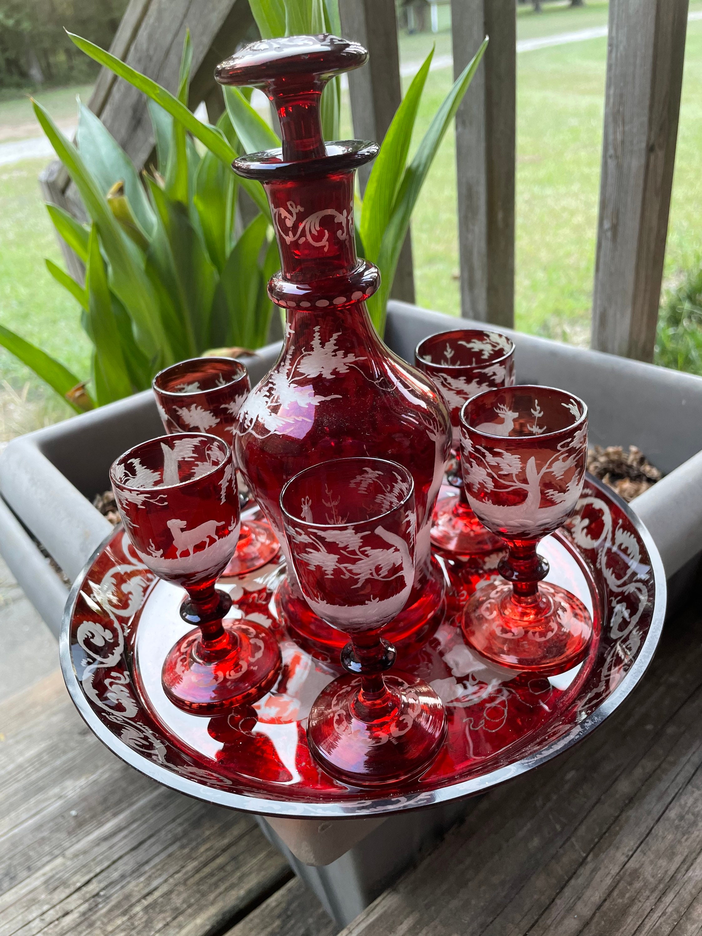 Bohemian Glass Decanter & 6 Matching Wine Glasses Red Cut back to