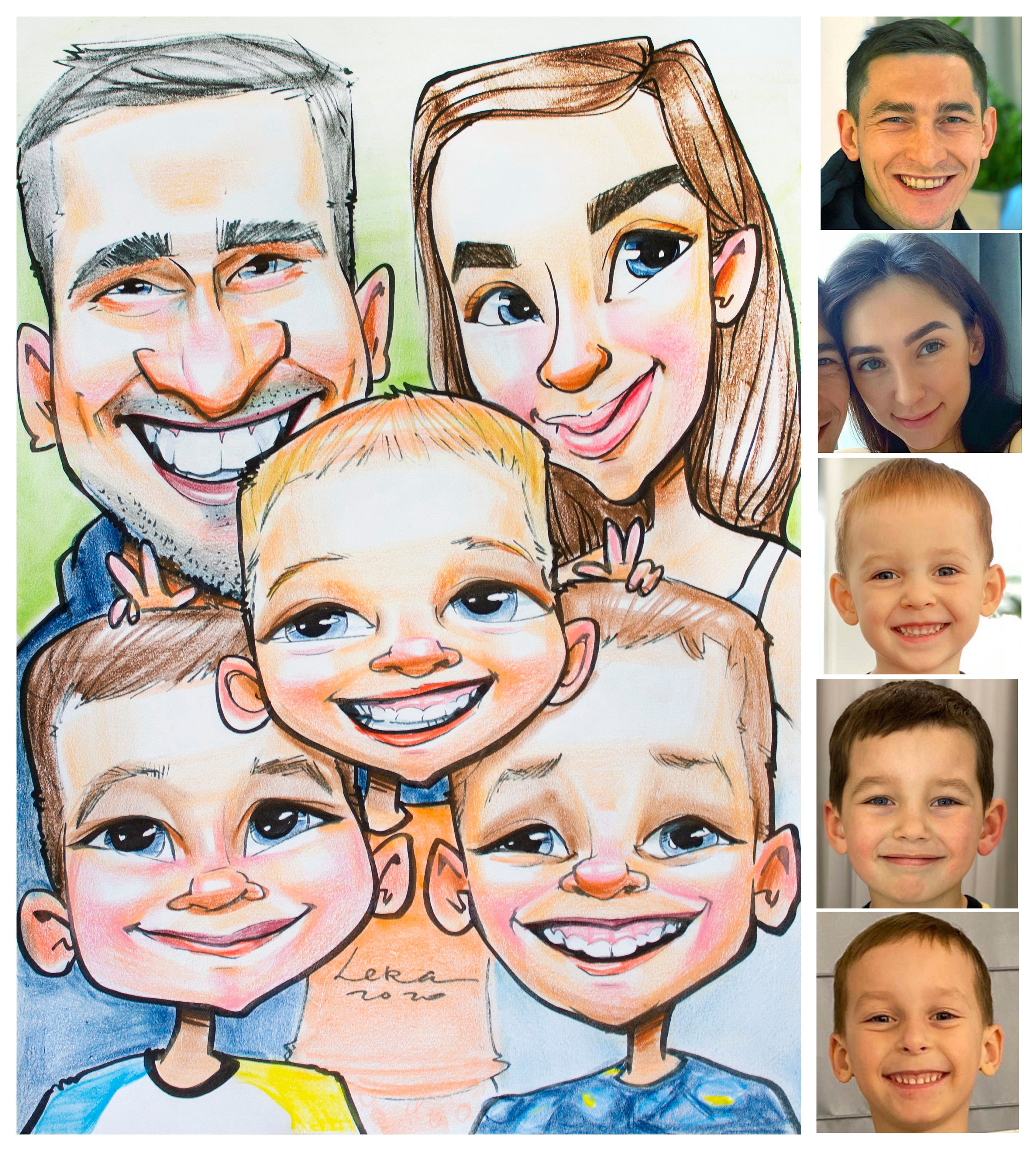 Caricature For 5 Person In Color Funny Family Portrait For Etsy Ireland