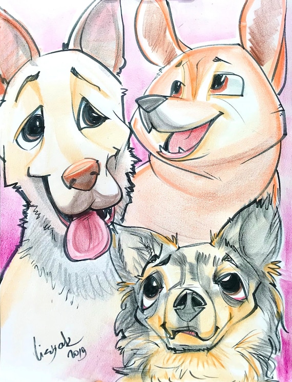 Caricatre Pour 3 Animaux De Compagnie En Couleur Drole De Etsy