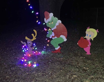 Grinch & Max Christmas Yard Art Set | Handmade Outdoor Whoville Decorations | Hand Painted Wooden Christmas Decor