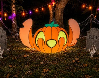 Stitch Pumpkin Head Halloween Yard Art | Lilo & Stitch Outdoor Decor | Hand Painted Wood Decoration