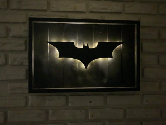 Batman LED Wall Sign | Lighted Batman Logo Wall Art | Man Cave Decor | Superhero Wall Decor | Handmade Wooden Batman Sign
