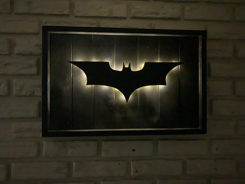 Batman Wall Sign | Lighted Batman Logo Wall Art | Man Cave Decor | Superhero Wall Decor | Wooden Batman Sign image 1