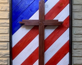 Wooden American Flag Cross Wall Art | Rustic Patriotic Christian Decor