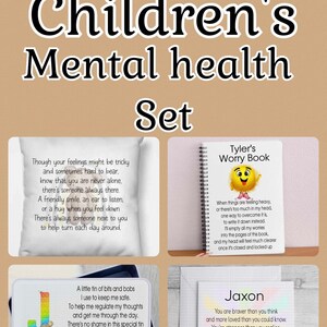Set de regalo de salud mental para niños: lata, cojín, tarjeta de felicitación y cuaderno. Kit de regalo de salud positiva para niños