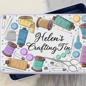 Crafting Rectangular Treats Tin Personalised. Customised craft box, sewing gift, needle box, bits and bobs christmas sewer birthday present