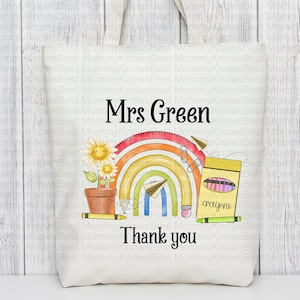 Thank you teacher rainbow tote bag with rainbow, personalised. Present gift for teacher teaching assistant reusable bag. Customised gift