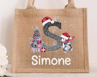Christmas silver skating penguin JUTE bag. Present for her Reusable gift. Eco Friendly lunch Bag life sister daughter secret santa lunch bag